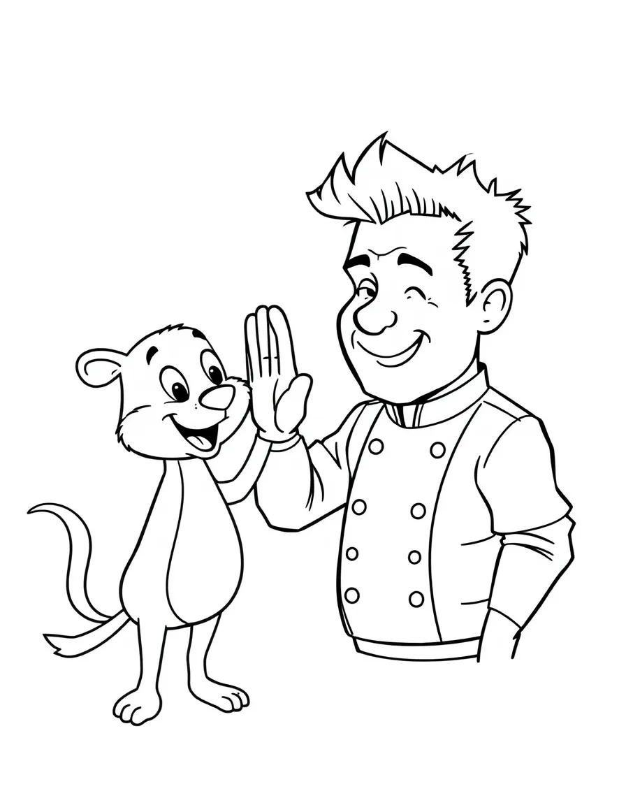 Gordon Ramsay giving a high five to a cartoon animal friend – a fun and kid-friendly coloring page.