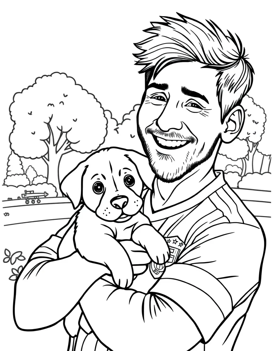 Lionel Messi smiling and holding a puppy with a park background – a fun and kid-friendly coloring page.