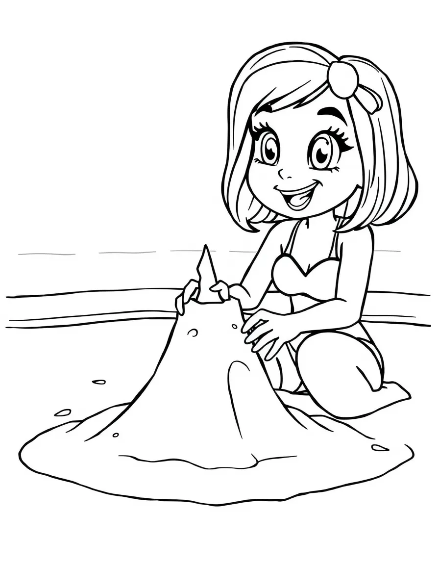 Dua Lipa building a sandcastle at the beach – a fun and kid-friendly coloring page.