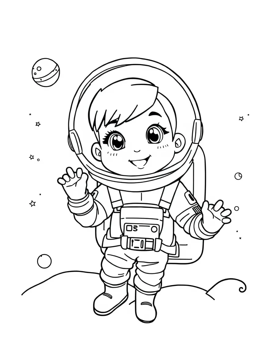 Millie Bobby Brown exploring space in an astronaut suit – a fun and kid-friendly coloring page.