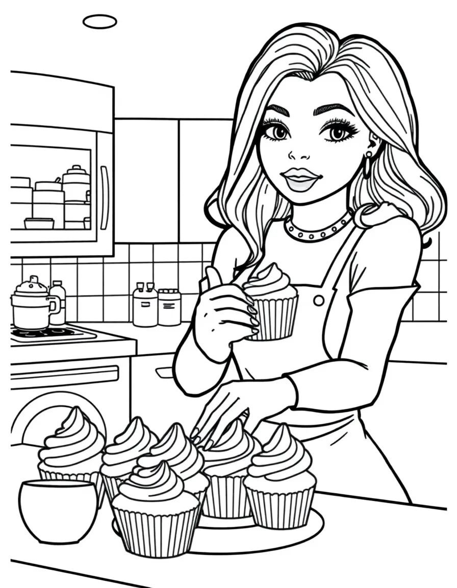 Kylie Jenner baking cupcakes in a colorful kitchen – a fun and kid-friendly coloring page.
