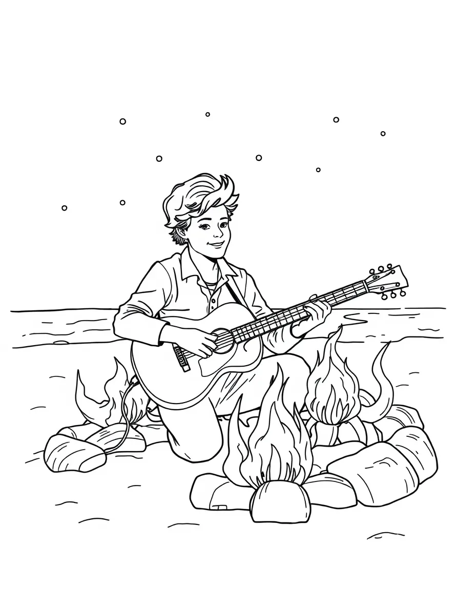 Harry Styles playing guitar at a beach bonfire – a fun and kid-friendly coloring page.