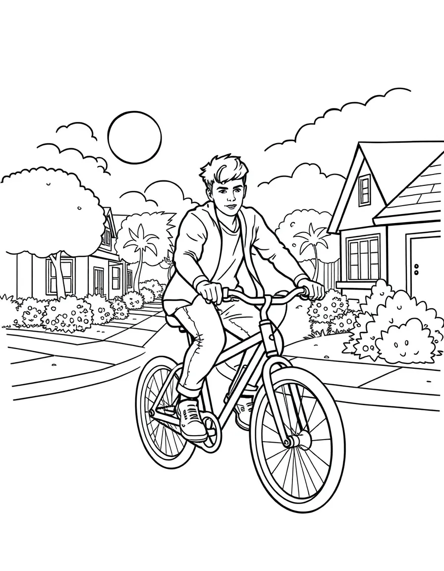 Justin Bieber riding a bicycle through a sunny neighborhood – a fun and kid-friendly coloring page.