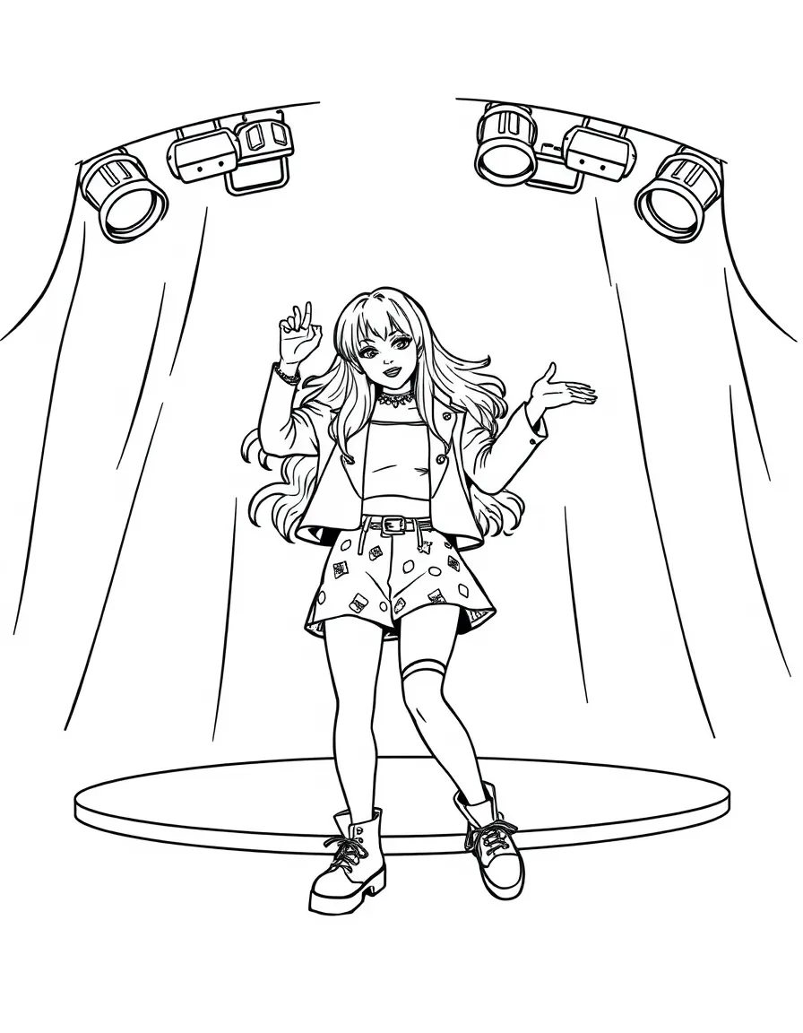 Billie Eilish dancing on a stage with spotlights and fun outfits – a fun and kid-friendly coloring page.