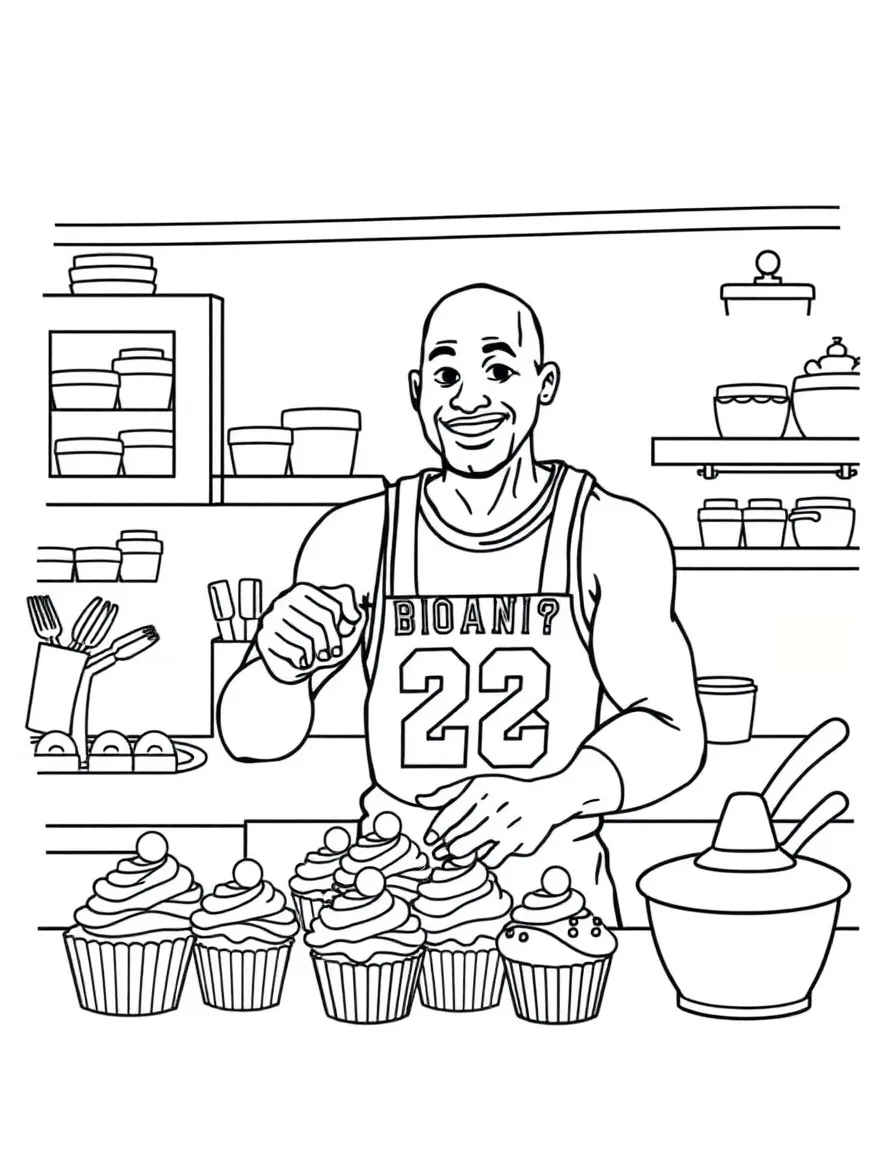 Michael Jordan baking cupcakes in a colorful kitchen – a fun and kid-friendly coloring page.