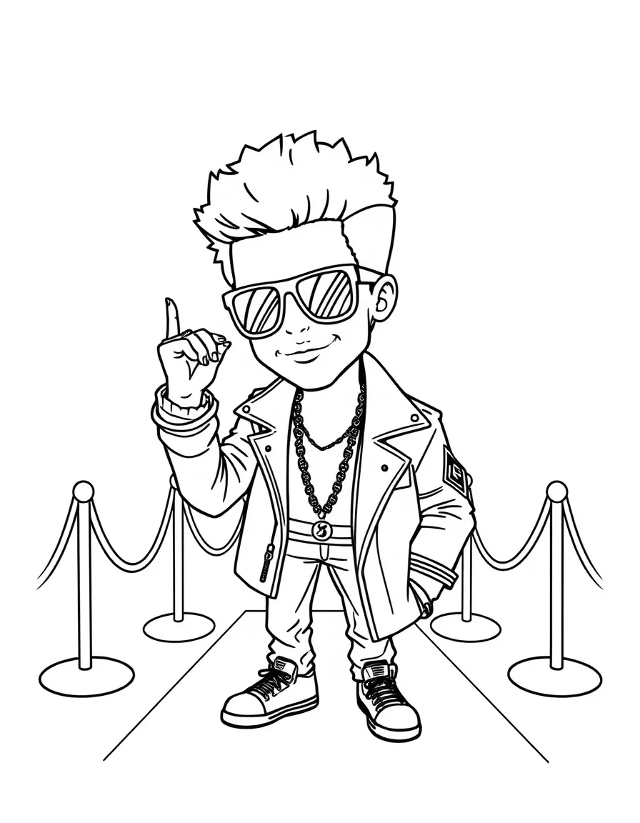 Bruno Mars posing with sunglasses and a cool outfit on the red carpet – a fun and kid-friendly coloring page.