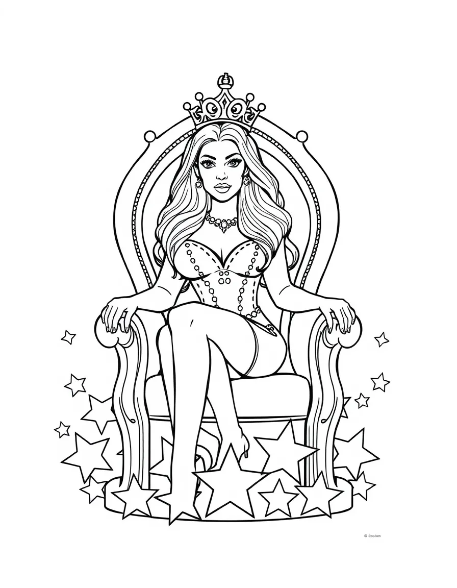 Jennifer Lopez sitting on a throne made of stars with a crown – a fun and kid-friendly coloring page.