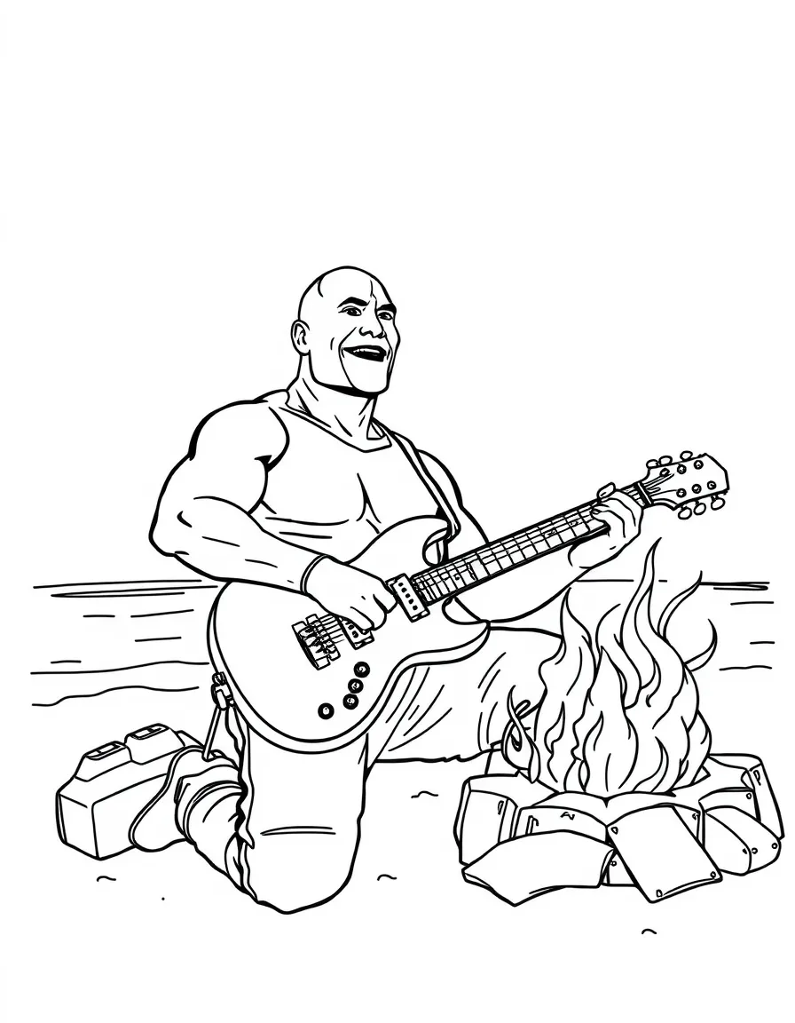 Dwayne Johnson playing guitar at a beach bonfire – a fun and kid-friendly coloring page.