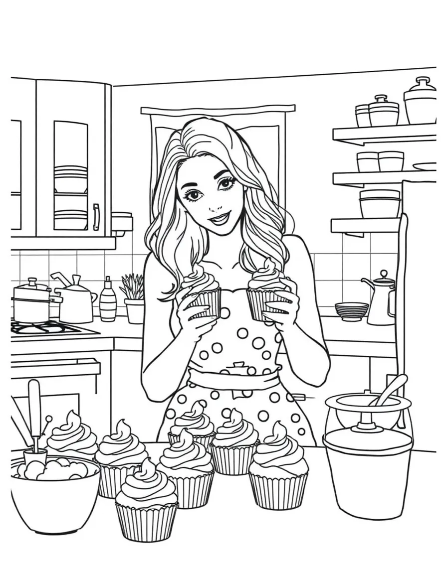 Blake Lively baking cupcakes in a colorful kitchen – a fun and kid-friendly coloring page.