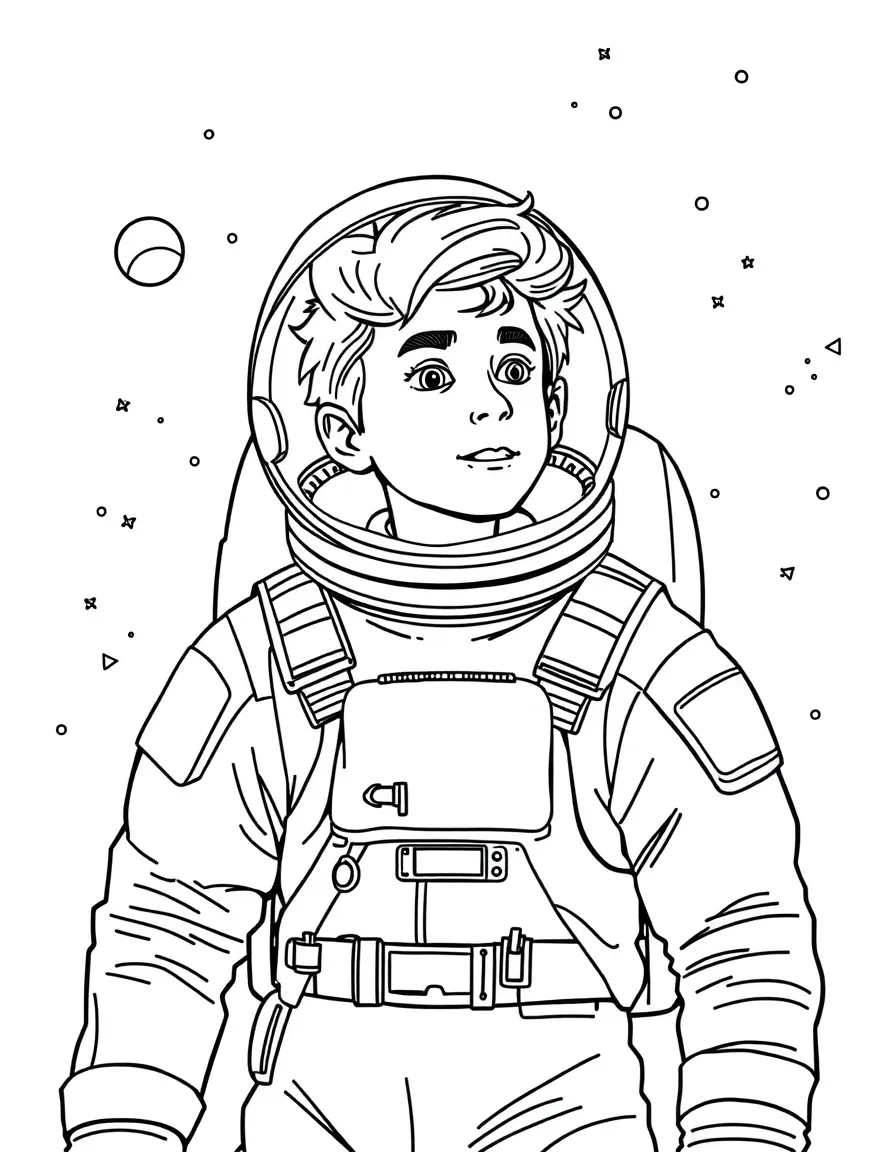 Timothée Chalamet exploring space in an astronaut suit – a fun and kid-friendly coloring page.