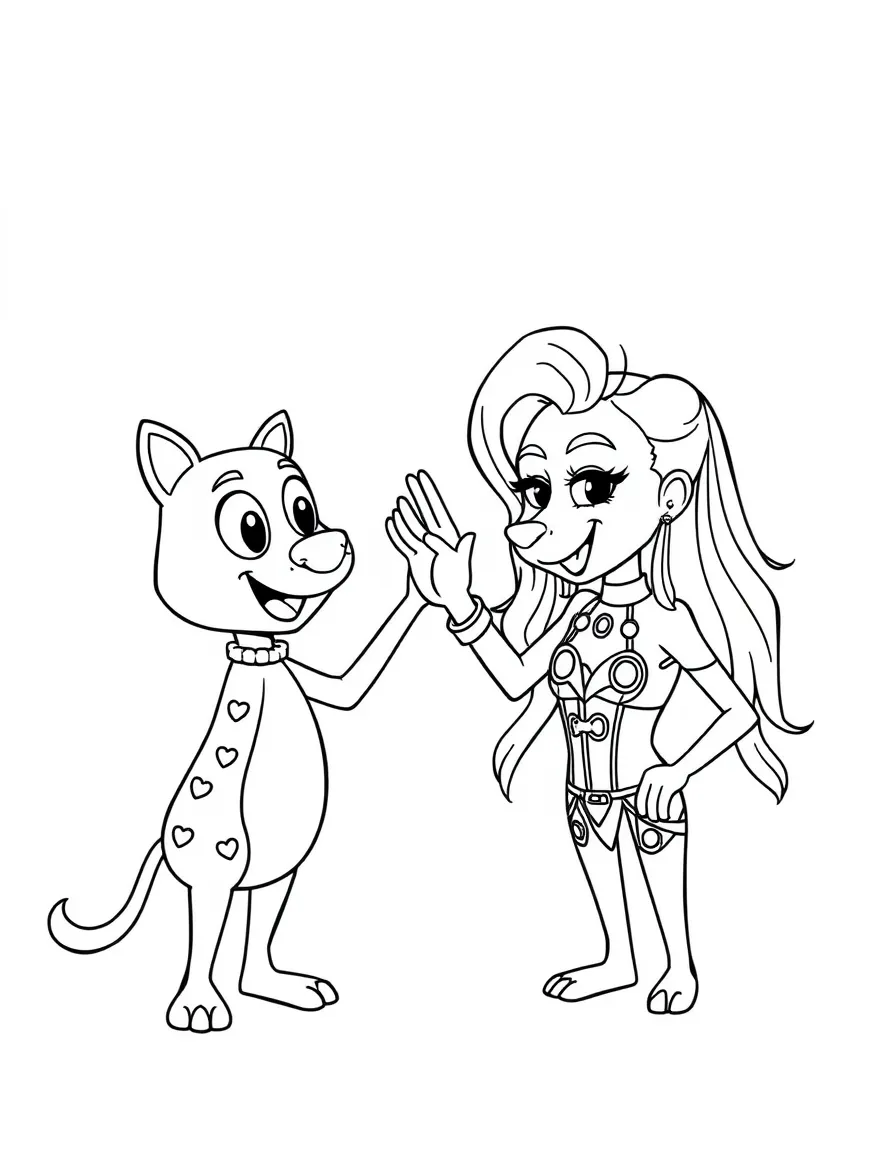 Lady Gaga giving a high five to a cartoon animal friend – a fun and kid-friendly coloring page.