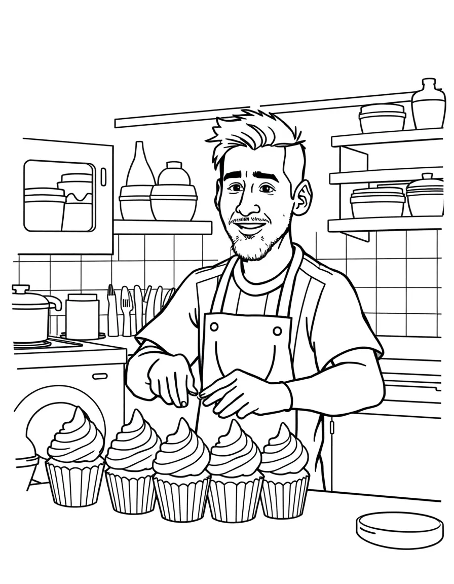 Lionel Messi baking cupcakes in a colorful kitchen – a fun and kid-friendly coloring page.
