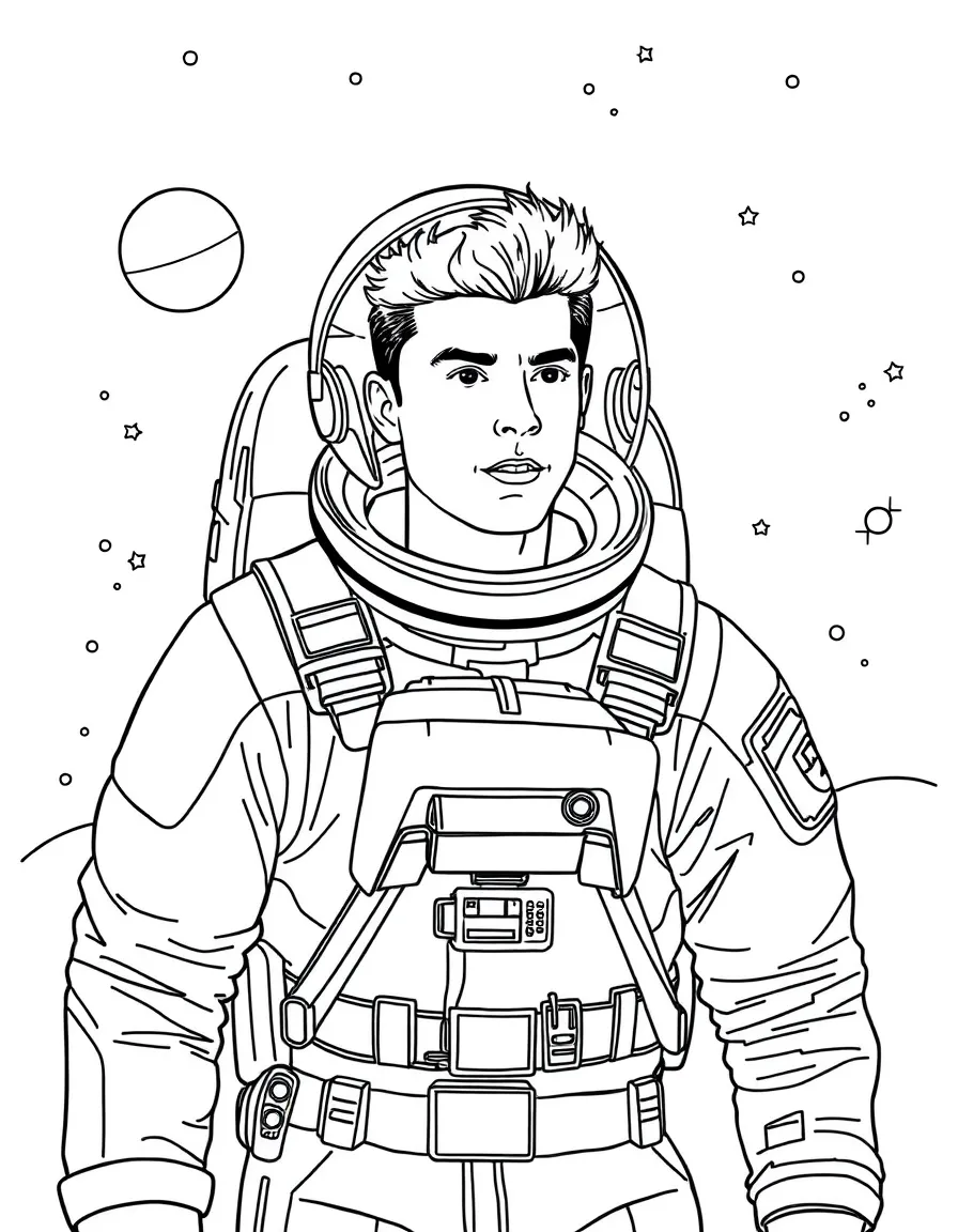 Taylor Lautner exploring space in an astronaut suit – a fun and kid-friendly coloring page.