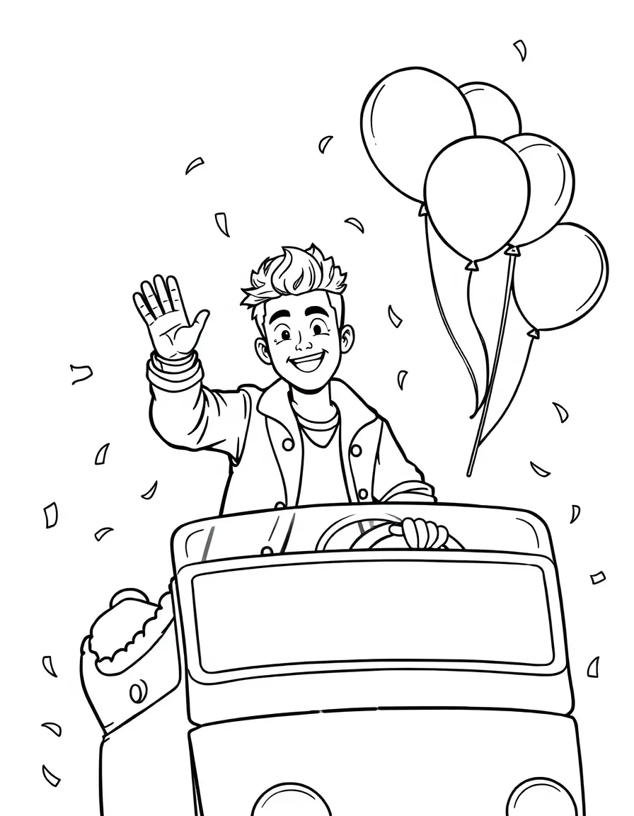 Zayn Malik waving from a parade float with balloons and confetti – a fun and kid-friendly coloring page.