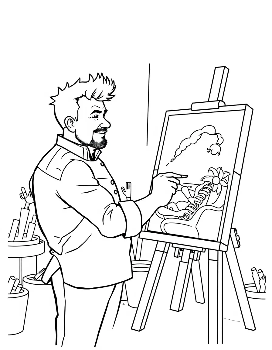 Gordon Ramsay painting a picture at an art studio – a fun and kid-friendly coloring page.