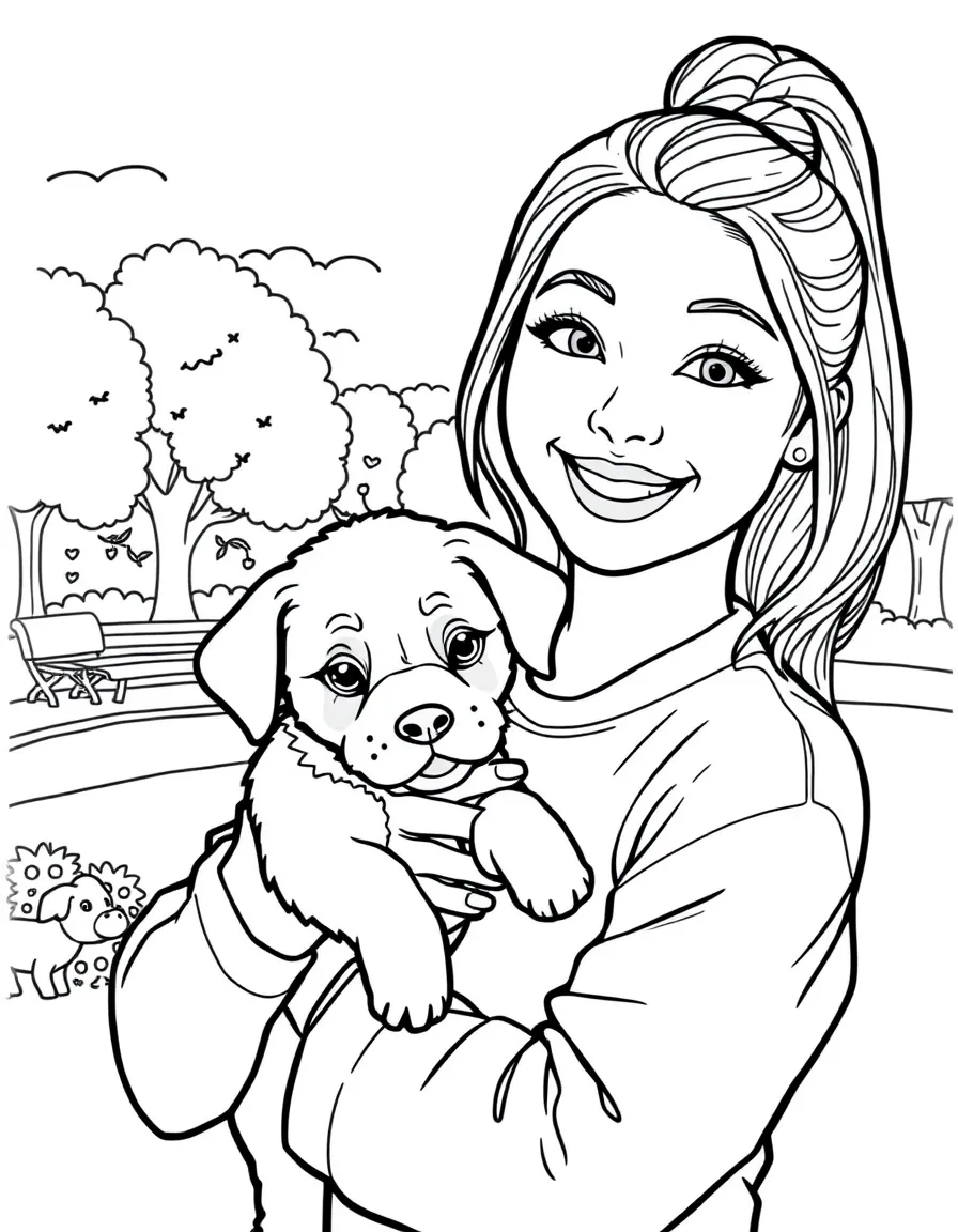 Ariana Grande smiling and holding a puppy with a park background – a fun and kid-friendly coloring page.