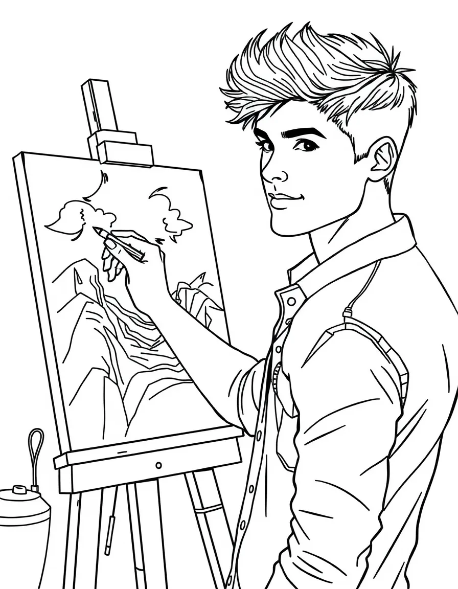 Taylor Lautner painting a picture at an art studio – a fun and kid-friendly coloring page.