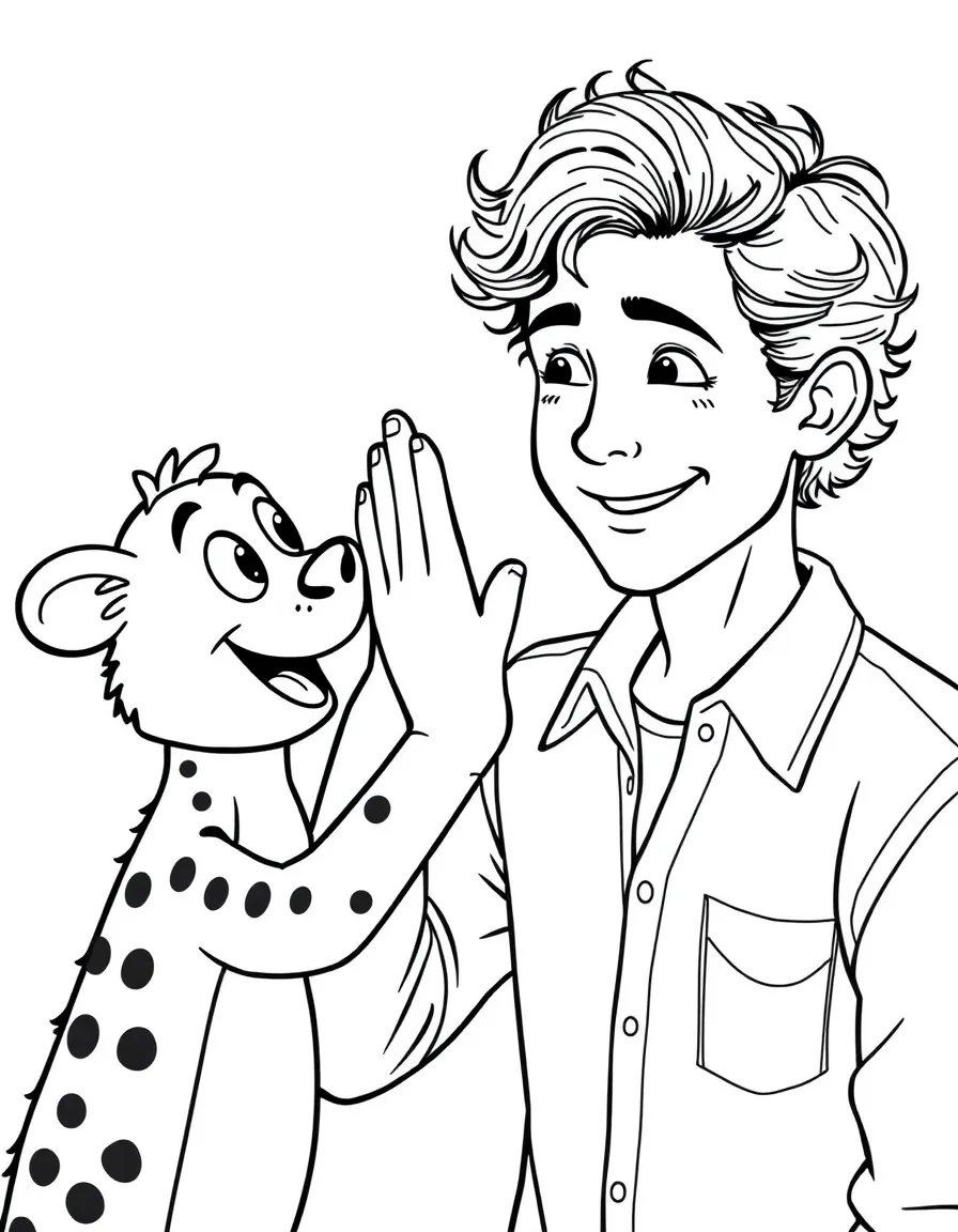 Timothée Chalamet giving a high five to a cartoon animal friend – a fun and kid-friendly coloring page.