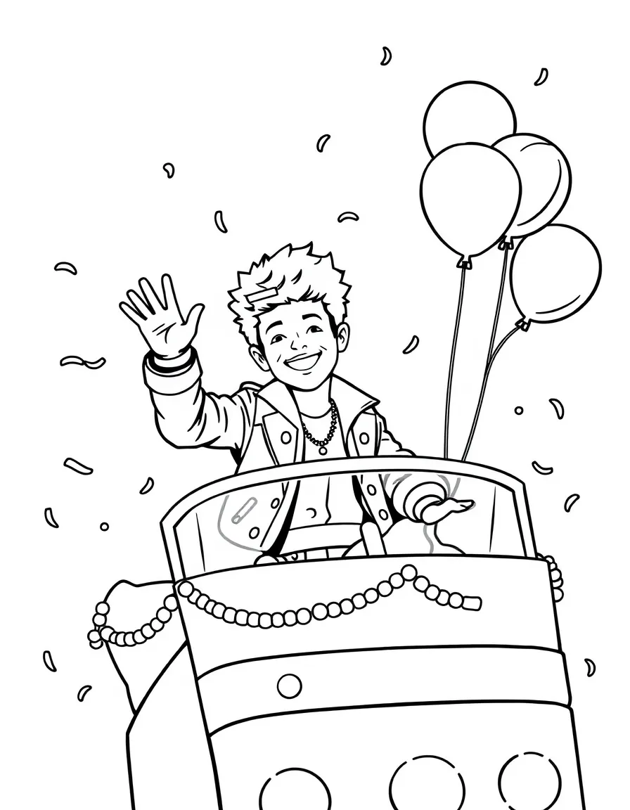 Bruno Mars waving from a parade float with balloons and confetti – a fun and kid-friendly coloring page.