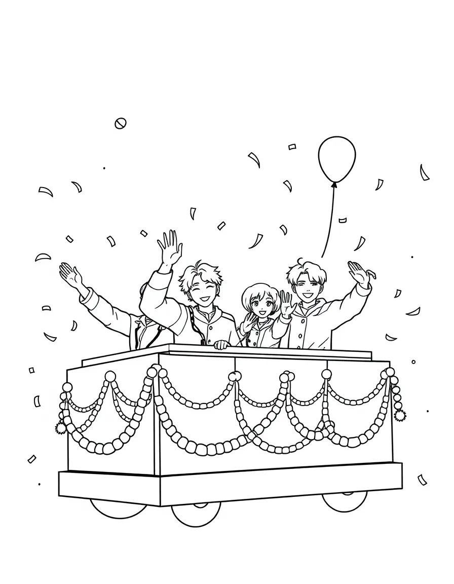 BTS Members waving from a parade float with balloons and confetti – a fun and kid-friendly coloring page.