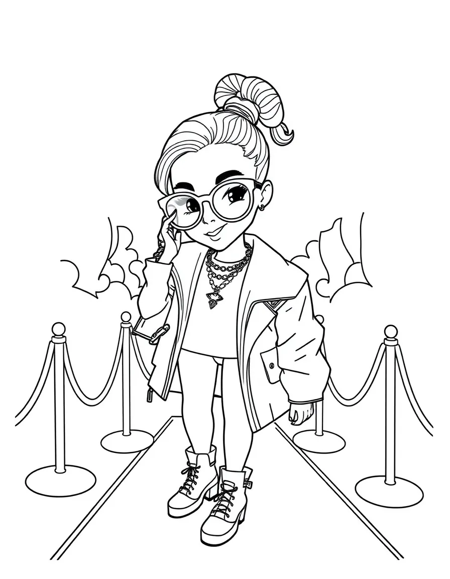 Zendaya posing with sunglasses and a cool outfit on the red carpet – a fun and kid-friendly coloring page.