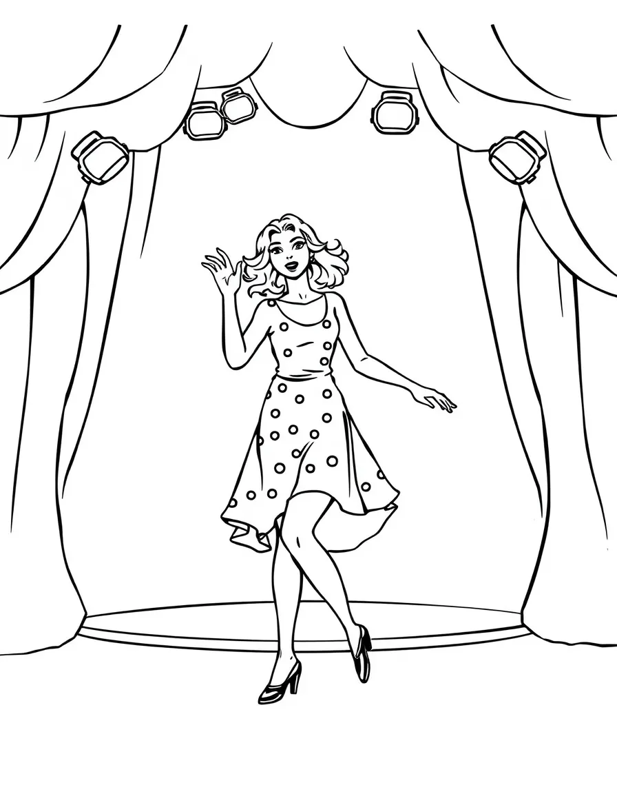 Anne Hathaway dancing on a stage with spotlights and fun outfits – a fun and kid-friendly coloring page.