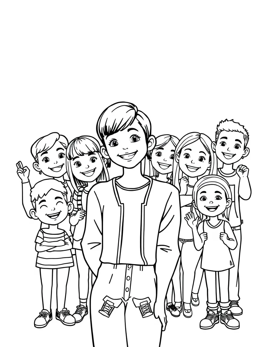 Millie Bobby Brown posing with cartoon versions of their fans – a fun and kid-friendly coloring page.