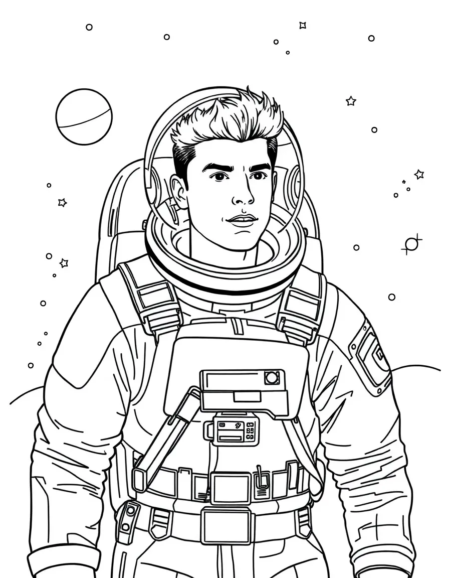 Taylor Lautner exploring space in an astronaut suit – a fun and kid-friendly coloring page.