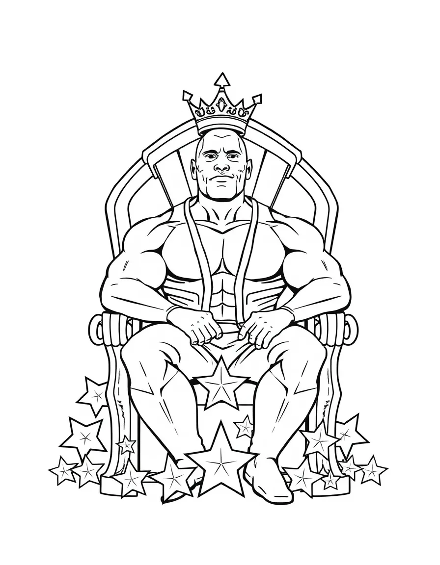 Dwayne Johnson sitting on a throne made of stars with a crown – a fun and kid-friendly coloring page.