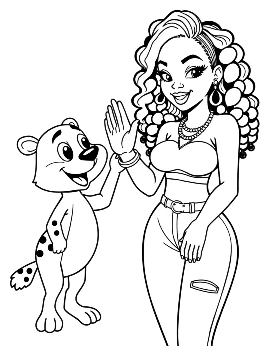 Rihanna giving a high five to a cartoon animal friend – a fun and kid-friendly coloring page.