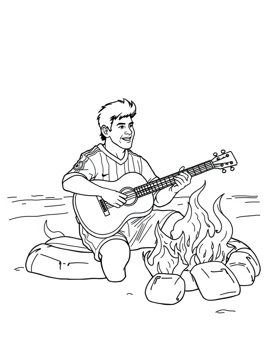 Lionel Messi playing guitar at a beach bonfire – a fun and kid-friendly coloring page.