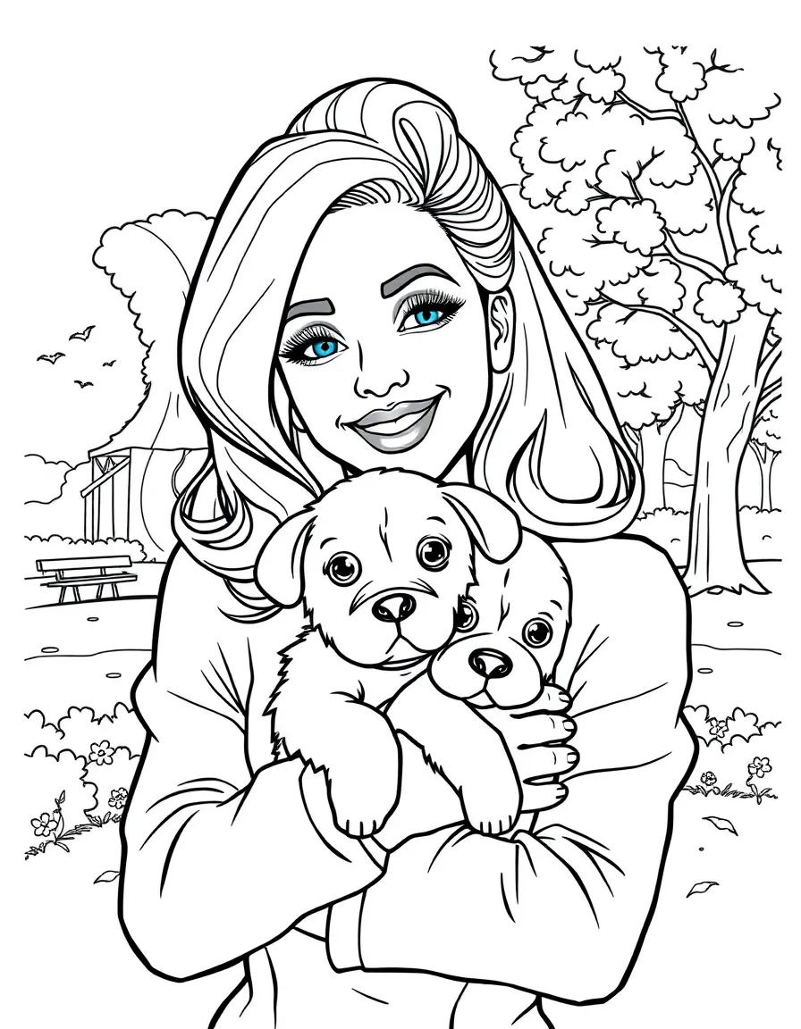 Lady Gaga smiling and holding a puppy with a park background – a fun and kid-friendly coloring page.
