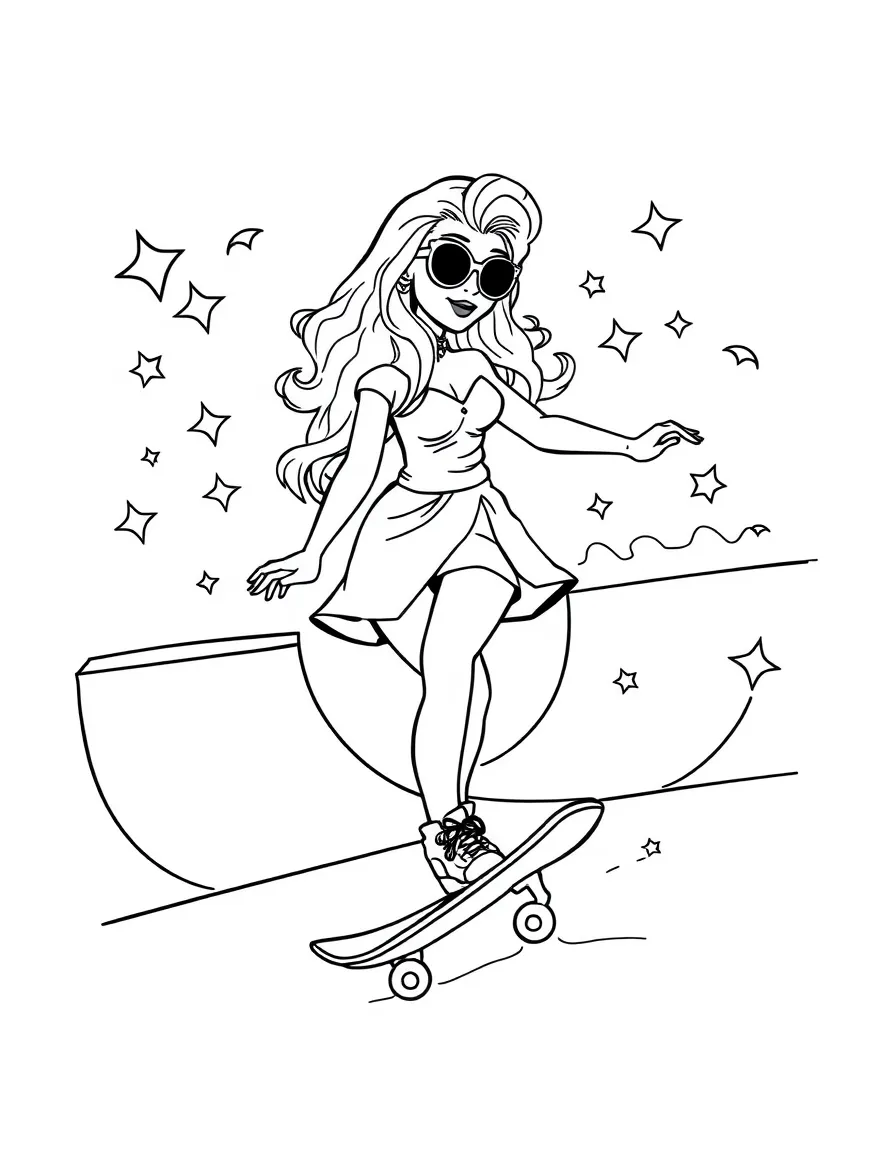 Lady Gaga skateboarding at a skate park with stars and swirls around – a fun and kid-friendly coloring page.