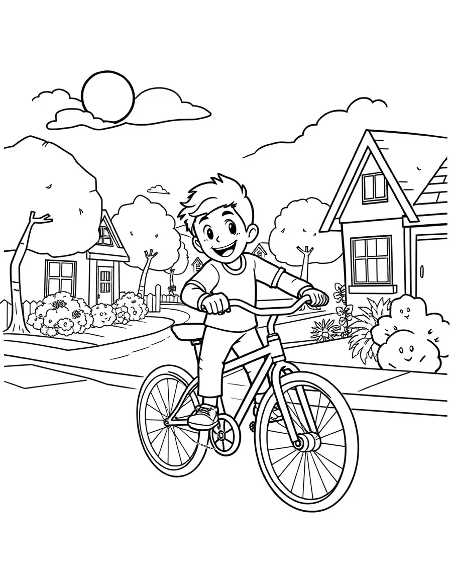 Tom Holland riding a bicycle through a sunny neighborhood – a fun and kid-friendly coloring page.
