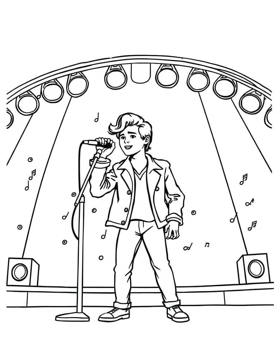 Harry Styles singing on a big concert stage with musical notes and lights – a fun and kid-friendly coloring page.