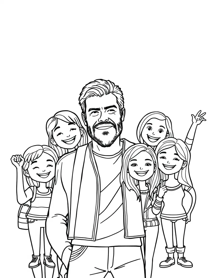 Chris Hemsworth posing with cartoon versions of their fans – a fun and kid-friendly coloring page.