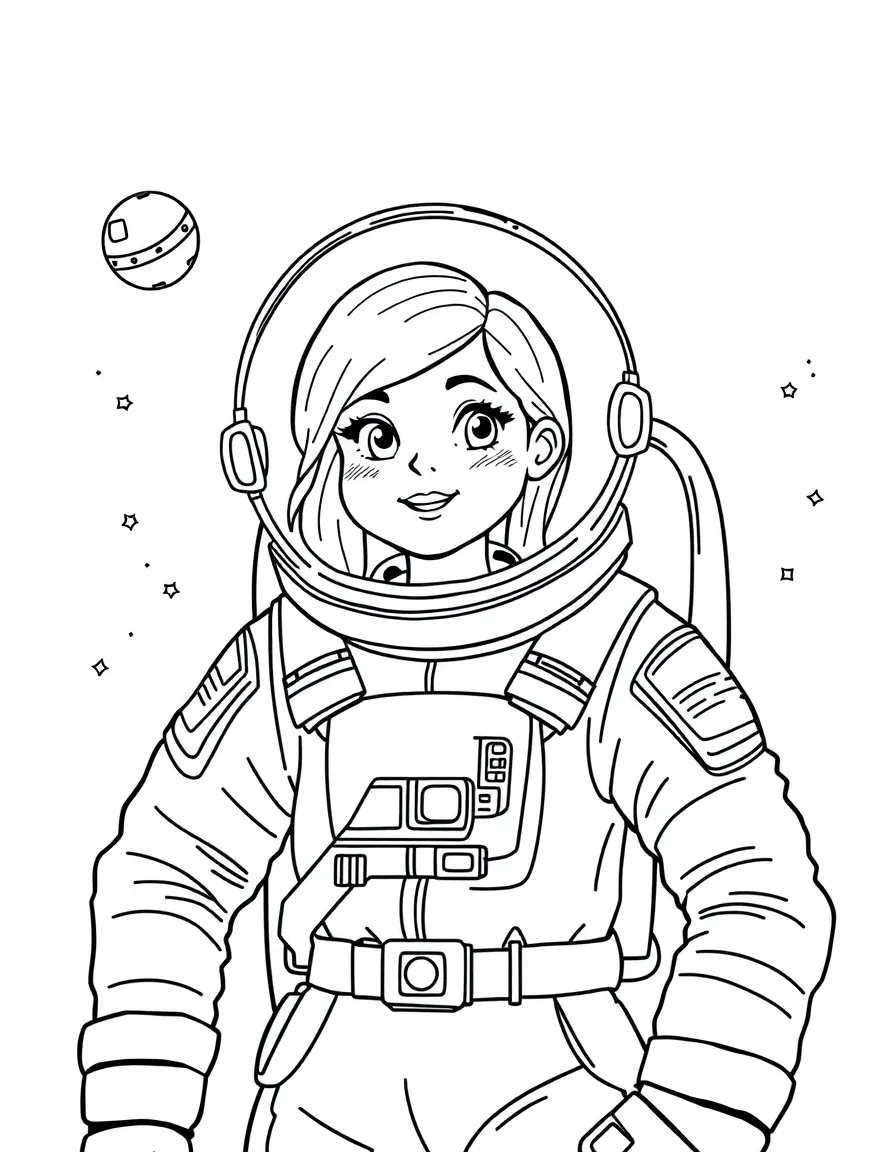 Greta Thunberg exploring space in an astronaut suit – a fun and kid-friendly coloring page.