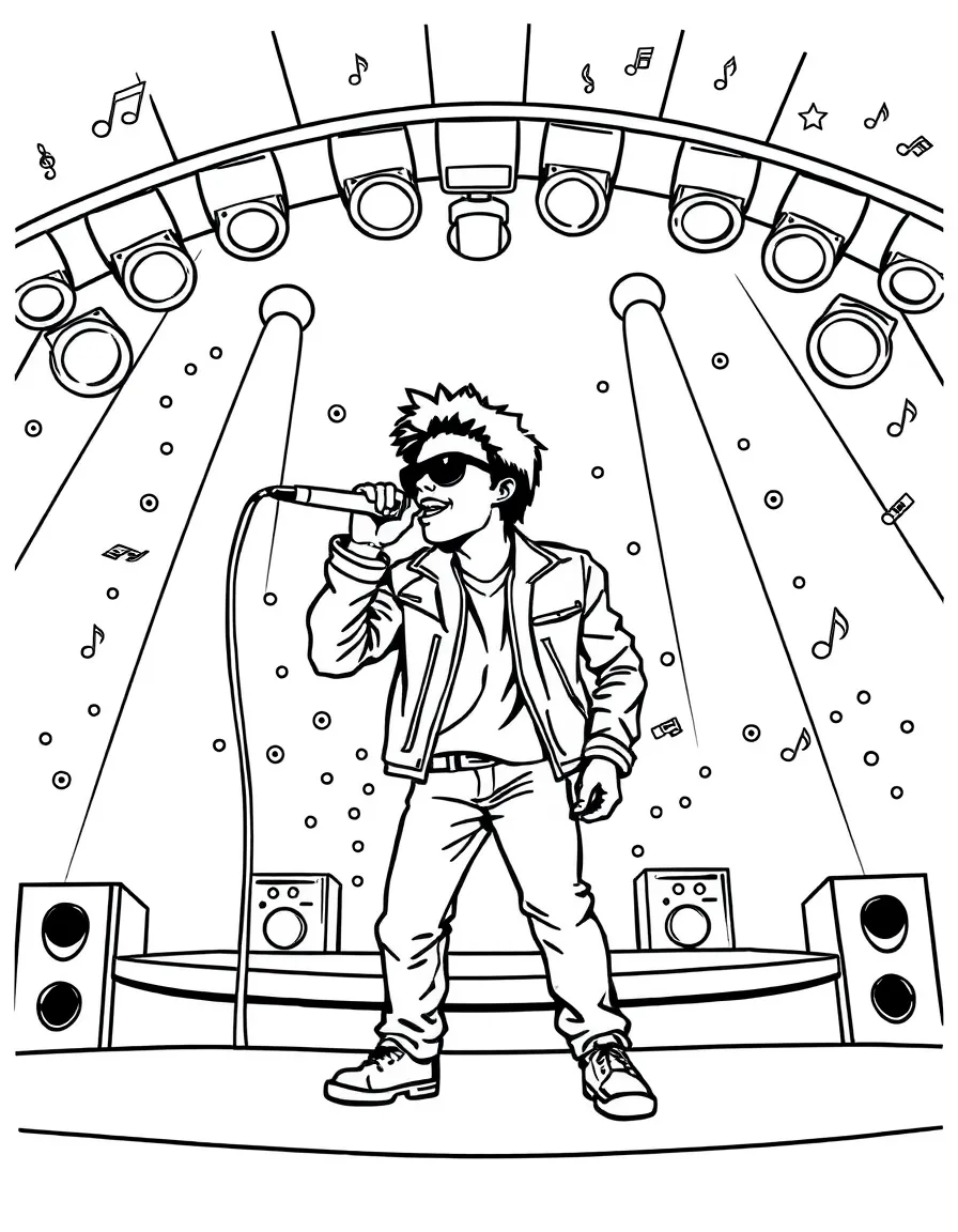 Bruno Mars singing on a big concert stage with musical notes and lights – a fun and kid-friendly coloring page.