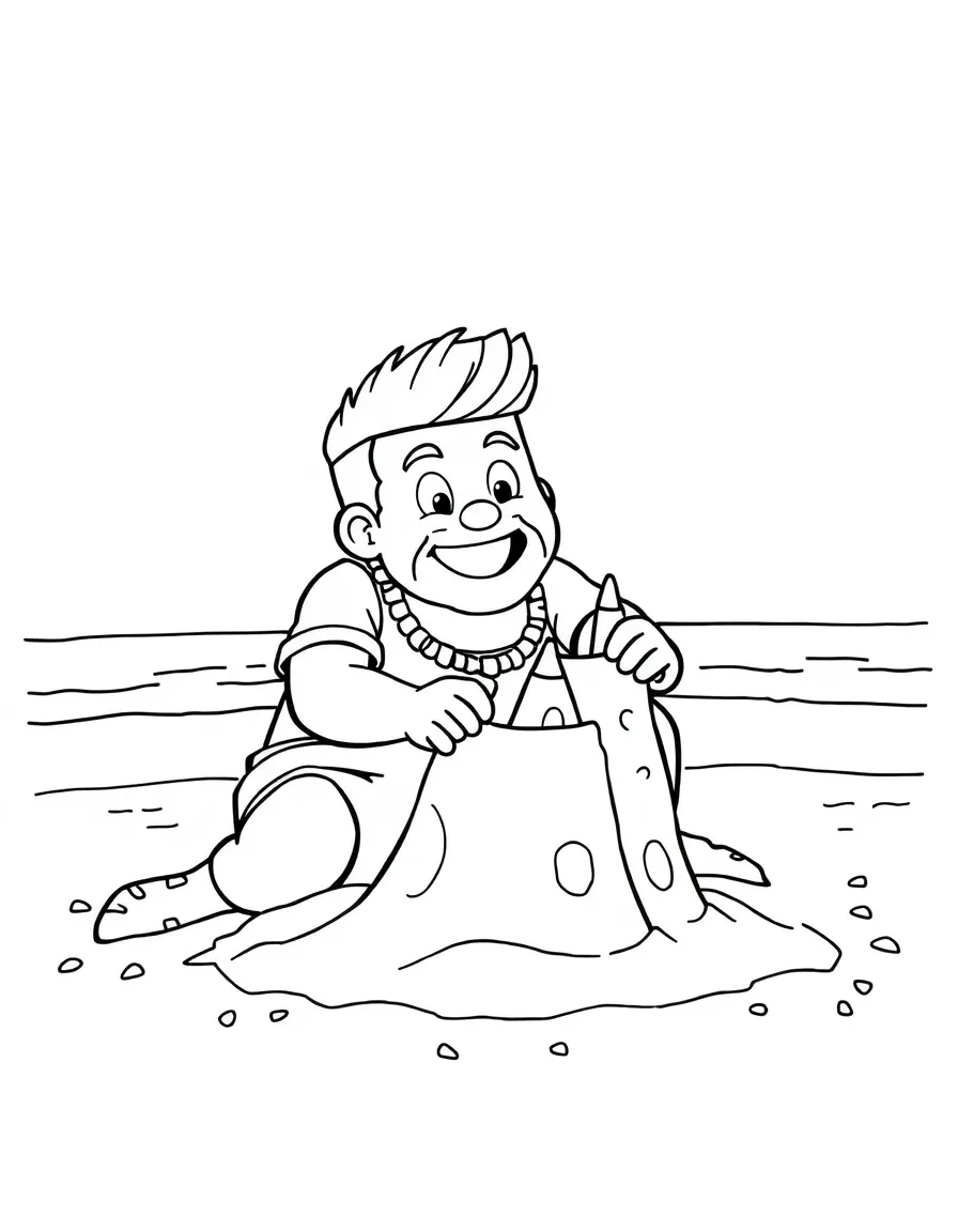 Post Malone building a sandcastle at the beach – a fun and kid-friendly coloring page.