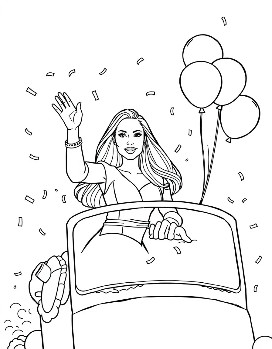 Angelina Jolie waving from a parade float with balloons and confetti – a fun and kid-friendly coloring page.