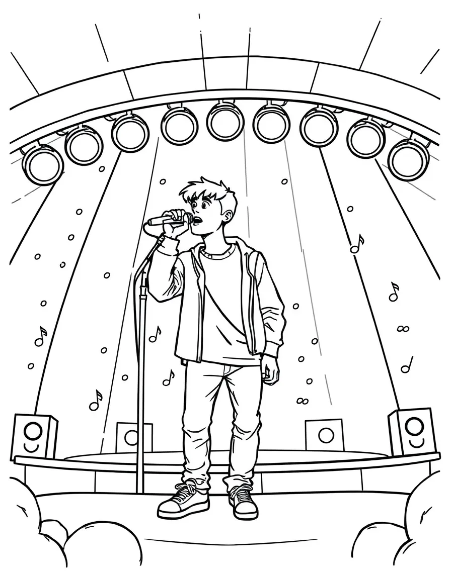 Justin Bieber singing on a big concert stage with musical notes and lights – a fun and kid-friendly coloring page.