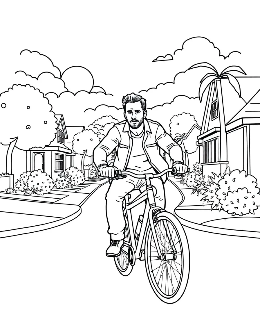 Ryan Reynolds riding a bicycle through a sunny neighborhood – a fun and kid-friendly coloring page.
