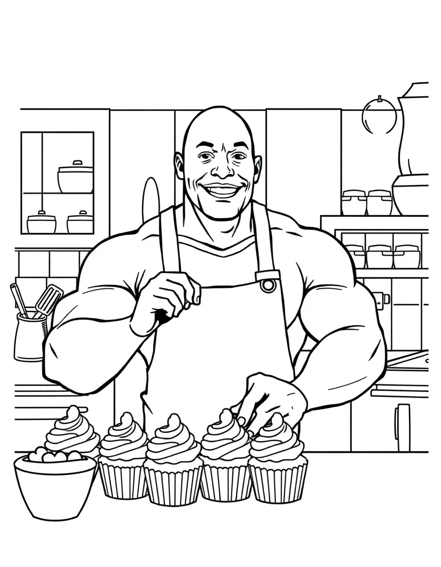 Dwayne Johnson baking cupcakes in a colorful kitchen – a fun and kid-friendly coloring page.