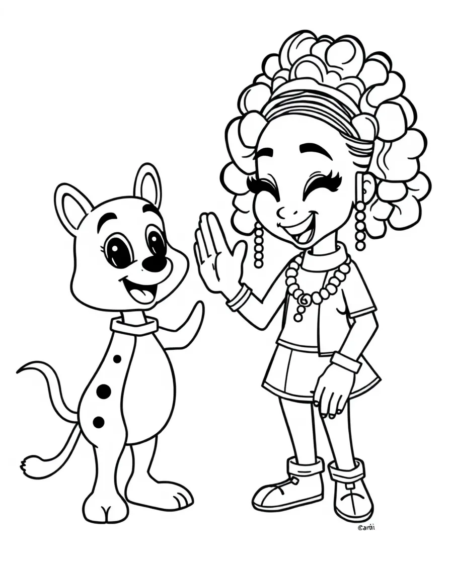 Cardi B giving a high five to a cartoon animal friend – a fun and kid-friendly coloring page.