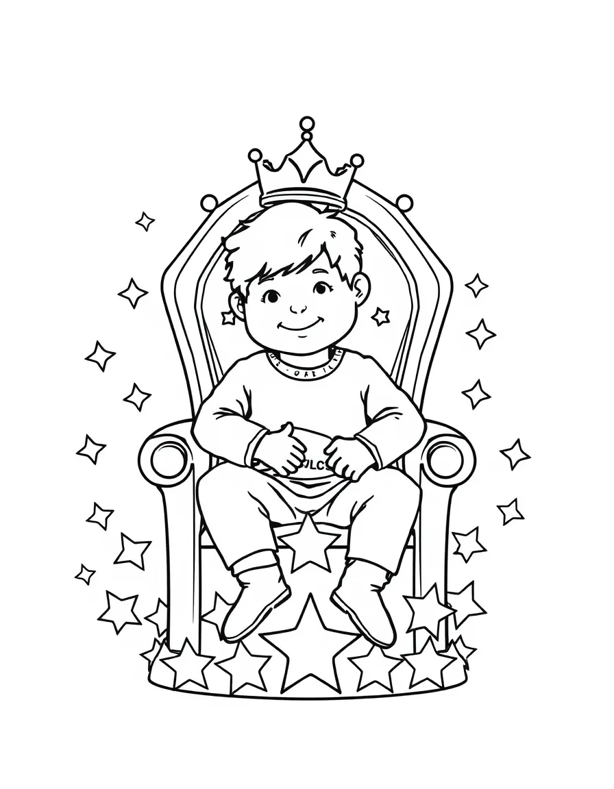 Ed Sheeran sitting on a throne made of stars with a crown – a fun and kid-friendly coloring page.