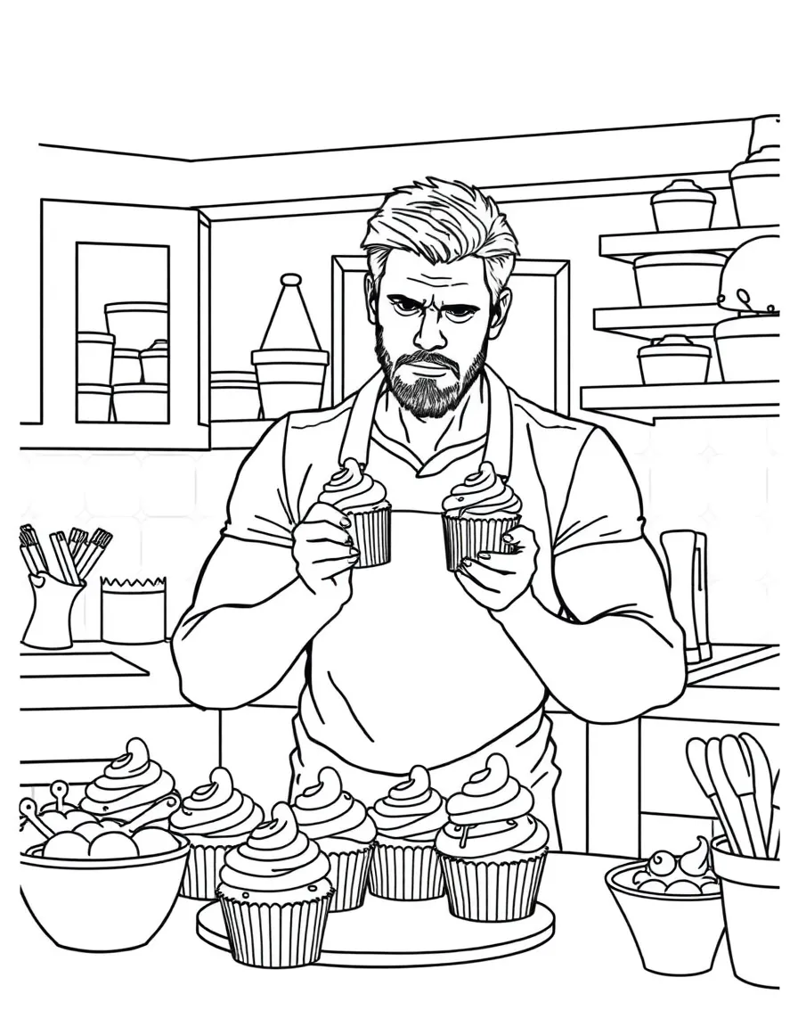 Chris Hemsworth baking cupcakes in a colorful kitchen – a fun and kid-friendly coloring page.
