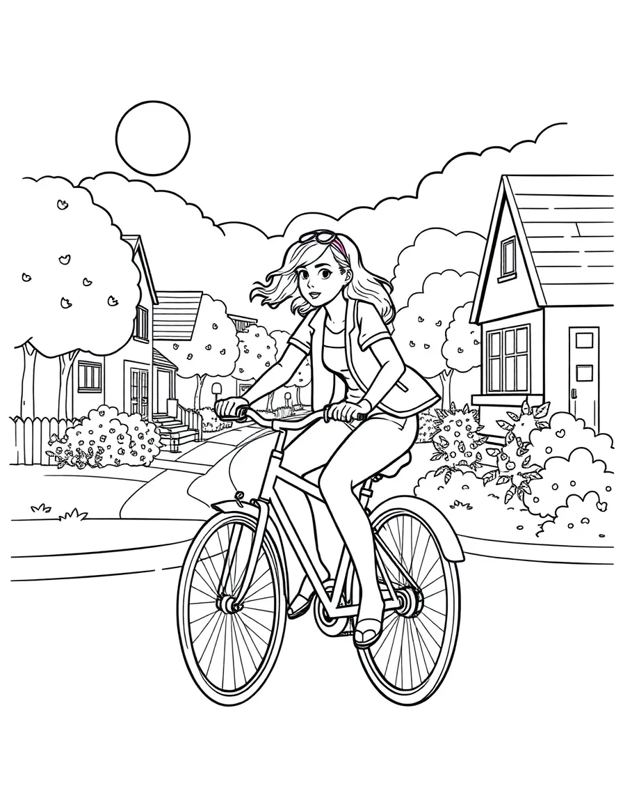 Emma Watson riding a bicycle through a sunny neighborhood – a fun and kid-friendly coloring page.
