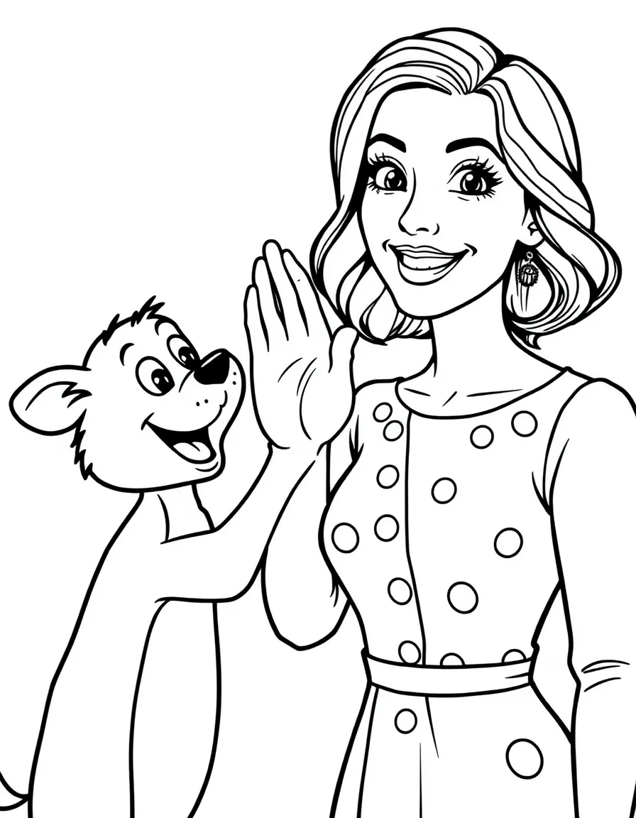 Anne Hathaway giving a high five to a cartoon animal friend – a fun and kid-friendly coloring page.