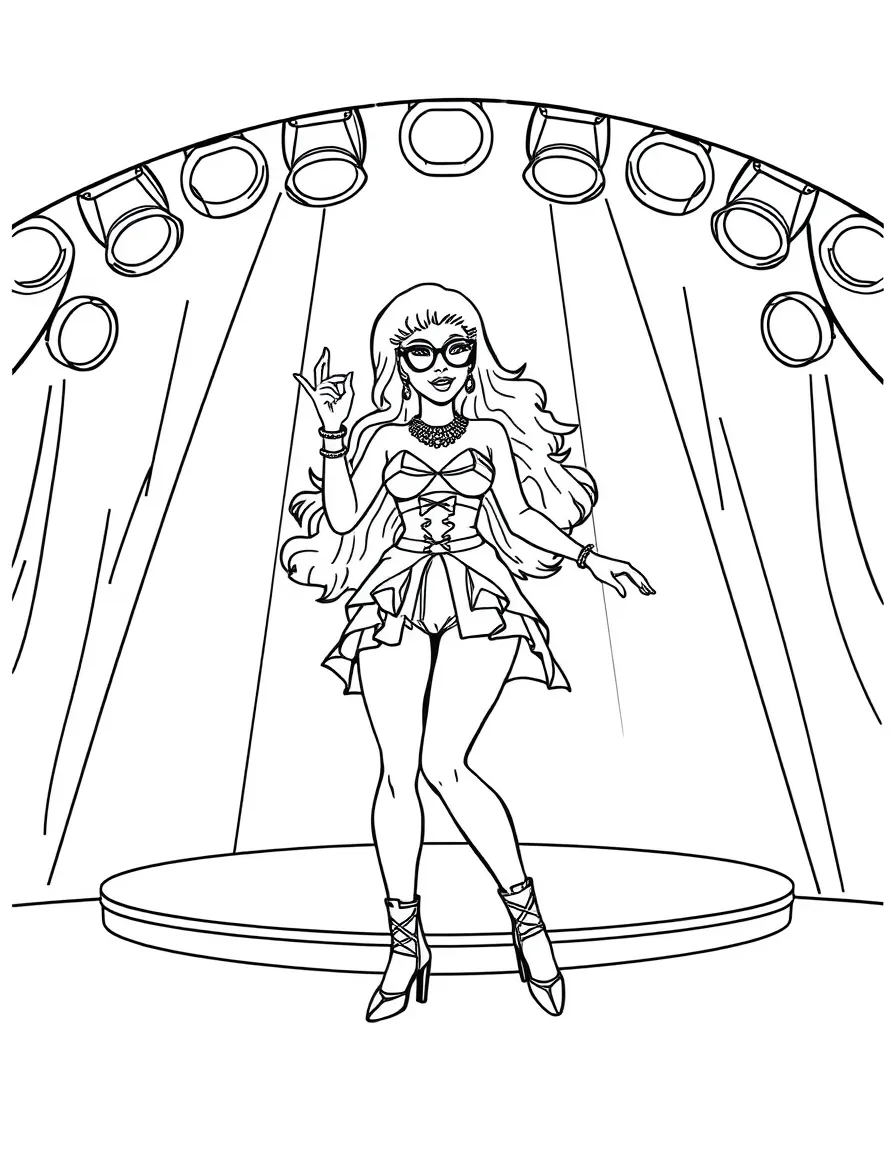 Lady Gaga dancing on a stage with spotlights and fun outfits – a fun and kid-friendly coloring page.