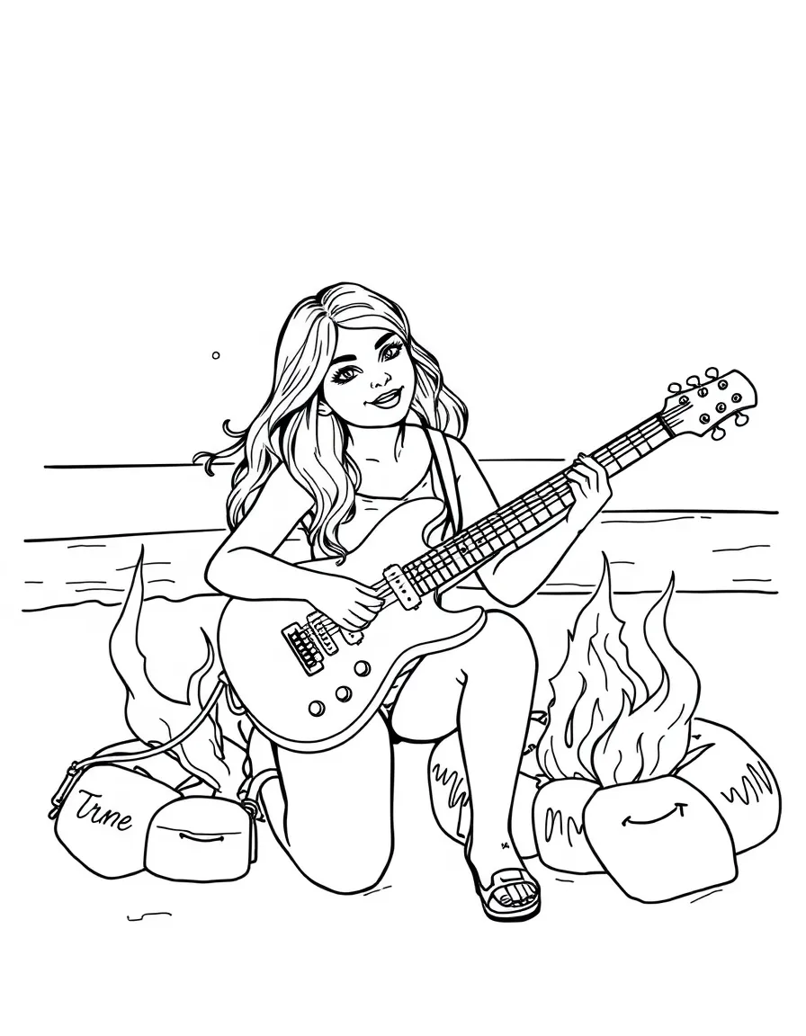 Selena Gomez playing guitar at a beach bonfire – a fun and kid-friendly coloring page.